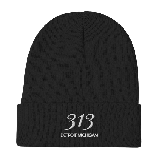 '313 Detroit Michigan' Winter Beanie | White Embroidery - Circumspice Michigan