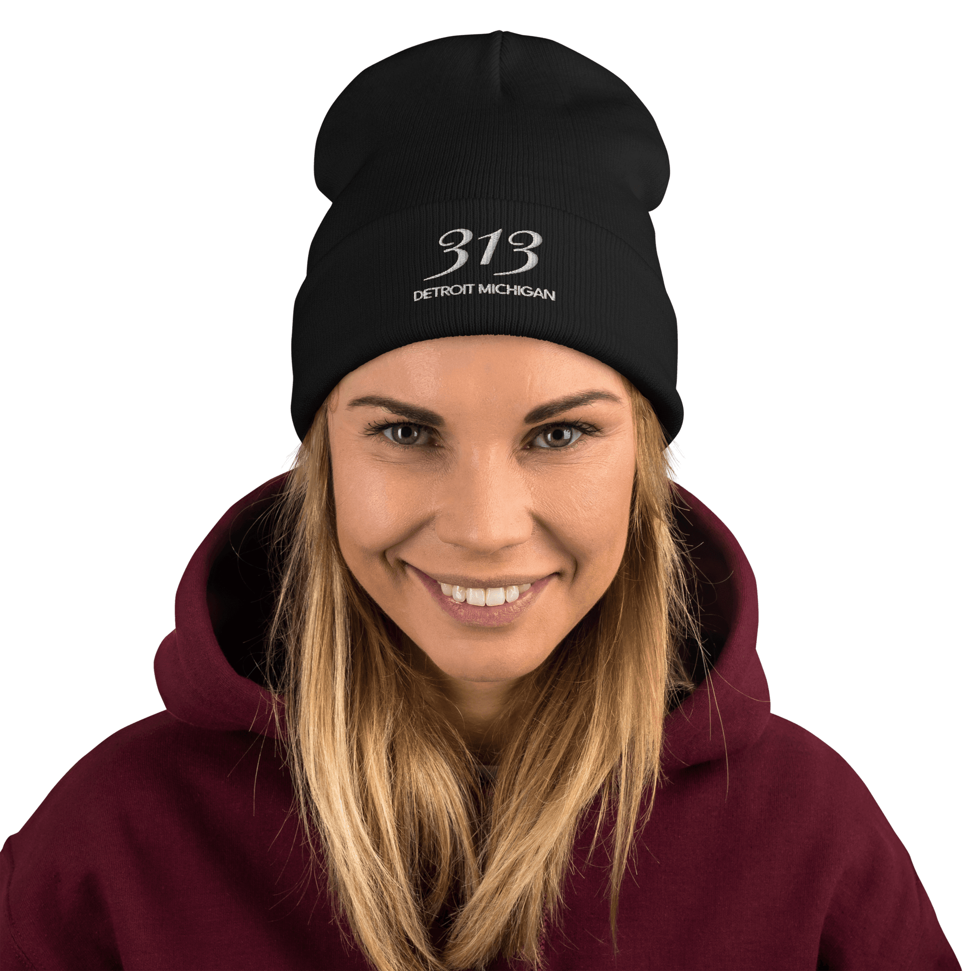 '313 Detroit Michigan' Winter Beanie | White Embroidery - Circumspice Michigan