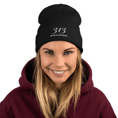 '313 Detroit Michigan' Winter Beanie | White Embroidery - Circumspice Michigan