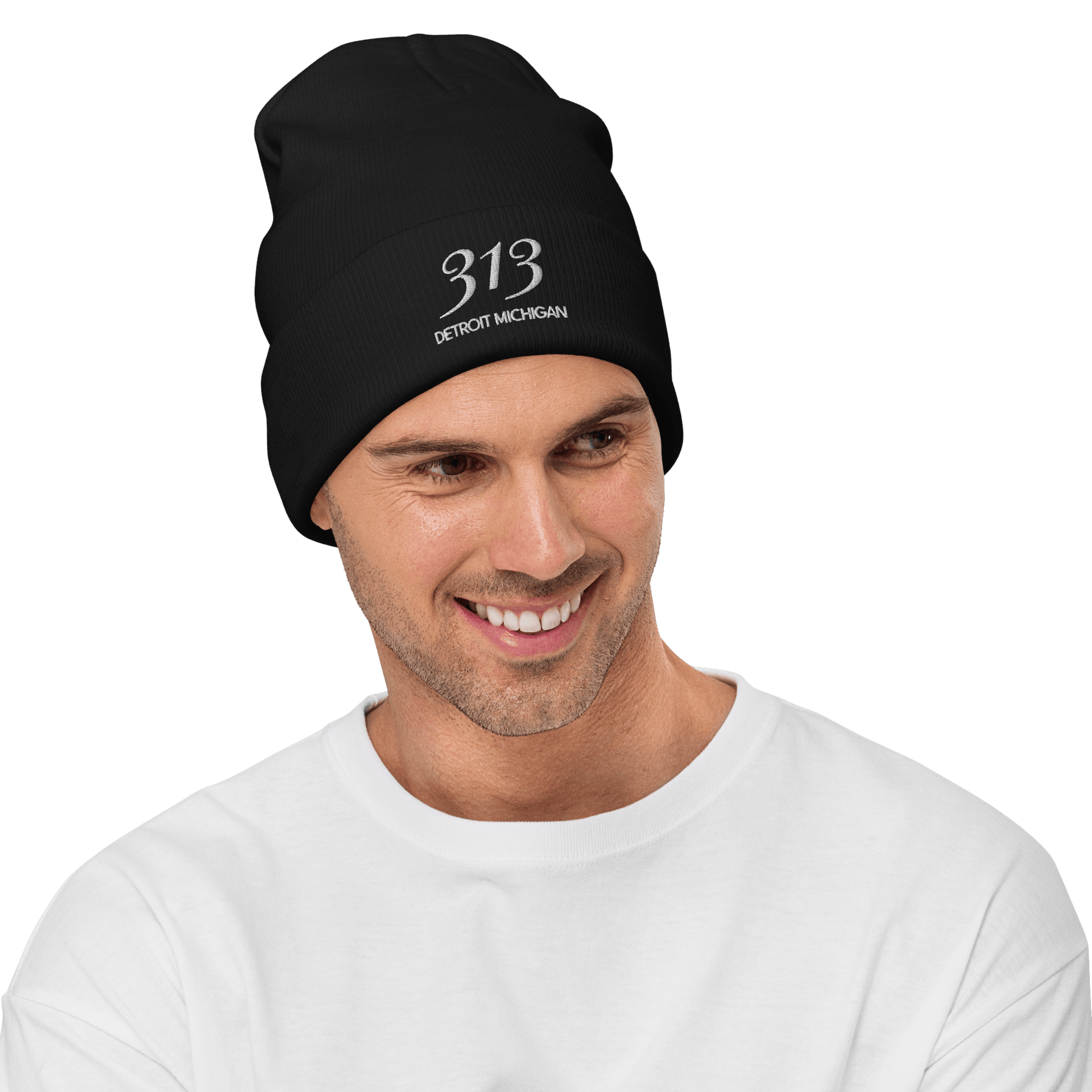 '313 Detroit Michigan' Winter Beanie | White Embroidery - Circumspice Michigan