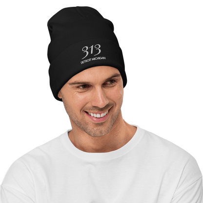 '313 Detroit Michigan' Winter Beanie | White Embroidery - Circumspice Michigan