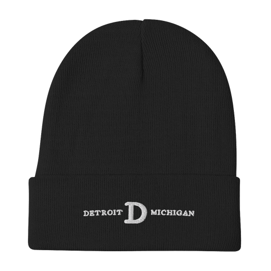 'Detroit Michigan' Winter Beanie (w/ Old French D) | White Embroidery - Circumspice Michigan