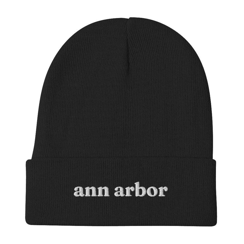 'Ann Arbor' Winter Beanie (Old-Style Serif Font) | White/Navy Embroidery - Circumspice Michigan