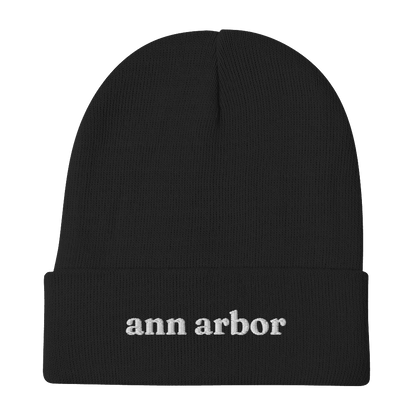 'Ann Arbor' Winter Beanie (Old-Style Serif Font) | White/Navy Embroidery - Circumspice Michigan