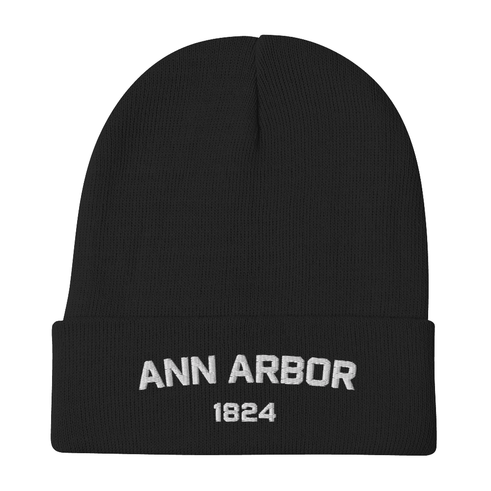 'Ann Arbor 1824' Winter Beanie | White/Navy Embroidery - Circumspice Michigan