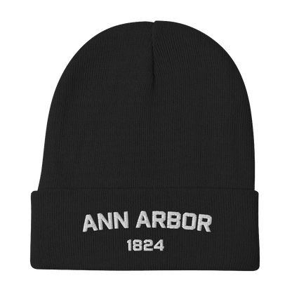 'Ann Arbor 1824' Winter Beanie | White/Navy Embroidery - Circumspice Michigan