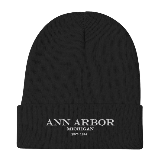 'Ann Arbor Michigan EST 1824' Winter Beanie | White/Black Embroidery - Circumspice Michigan