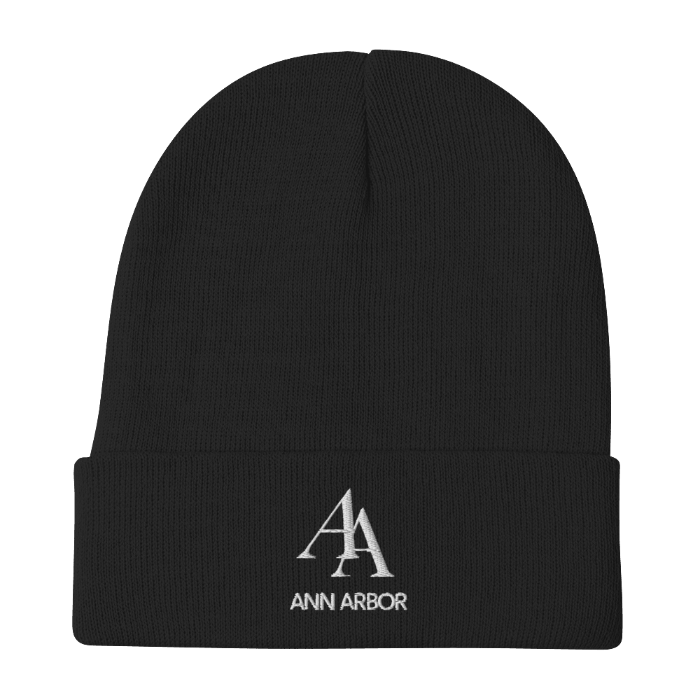 'AA Ann Arbor' Winter Beanie (Luxury Goods Parody) | White/Navy Embroidery - Circumspice Michigan