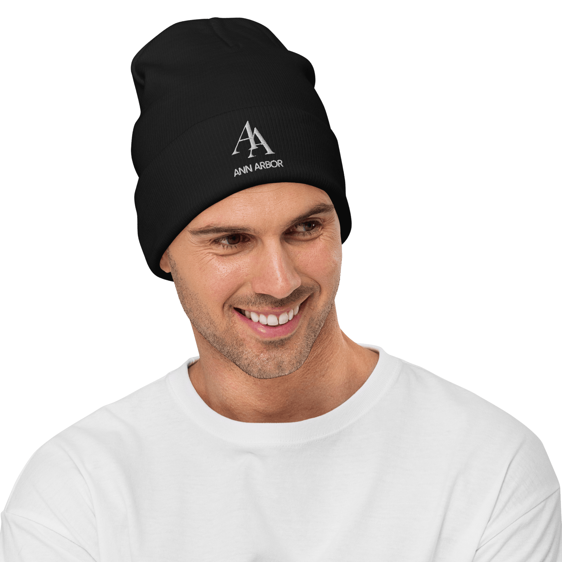 'AA Ann Arbor' Winter Beanie (Luxury Goods Parody) | White/Navy Embroidery - Circumspice Michigan