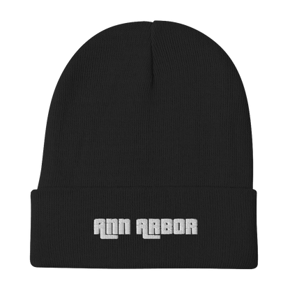 'Ann Arbor' Winter Beanie (1970s Font) | White/Black Embroidery - Circumspice Michigan