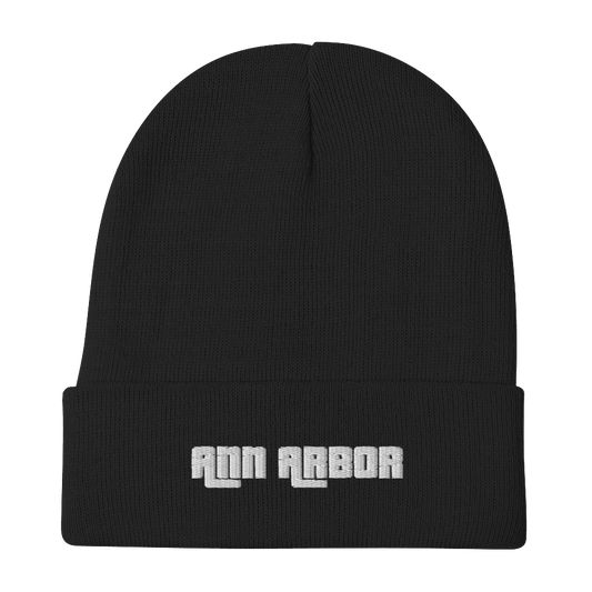 'Ann Arbor' Winter Beanie (1970s Font) | White/Black Embroidery - Circumspice Michigan