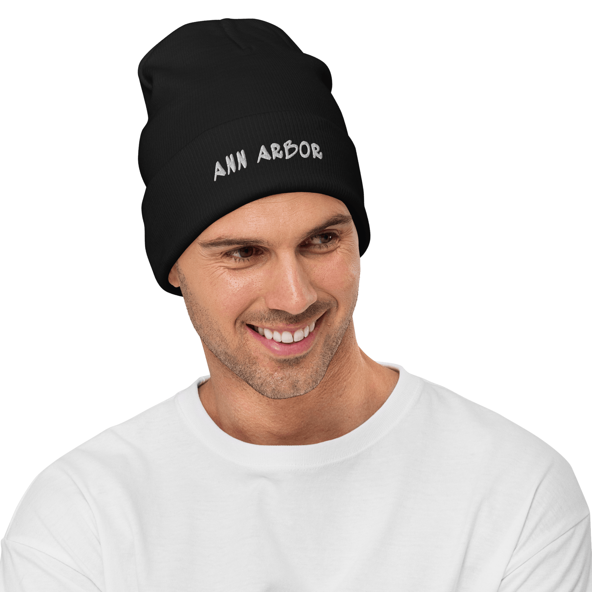 'Ann Arbor' Winter Beanie (1980's Hip Hop Font) | White/Black Embroidery - Circumspice Michigan