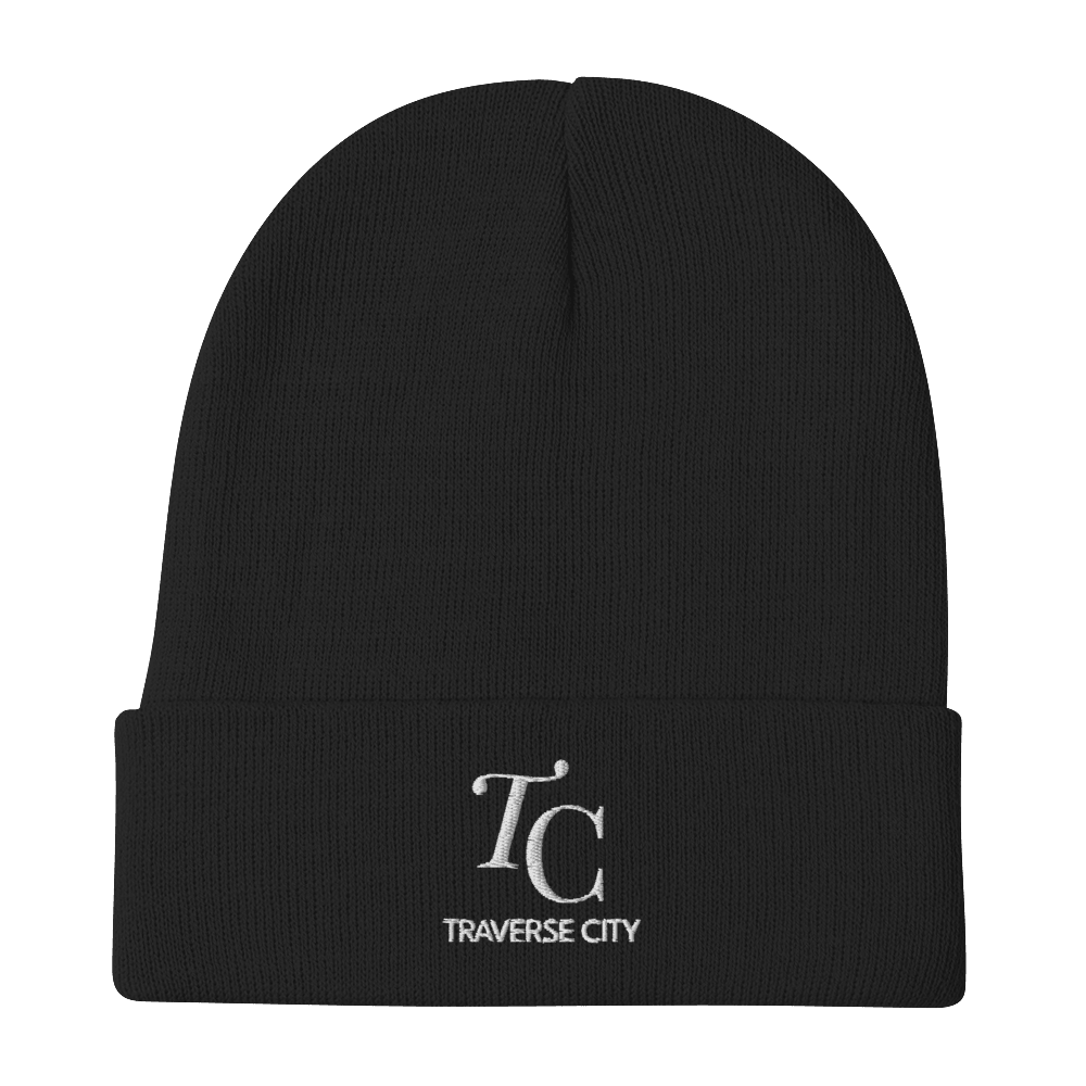 'TC Traverse City' Winter Beanie (Luxury Goods Parody) | White/Black Embroidery - Circumspice Michigan