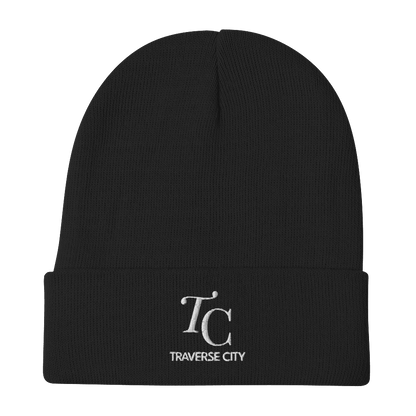 'TC Traverse City' Winter Beanie (Luxury Goods Parody) | White/Black Embroidery - Circumspice Michigan