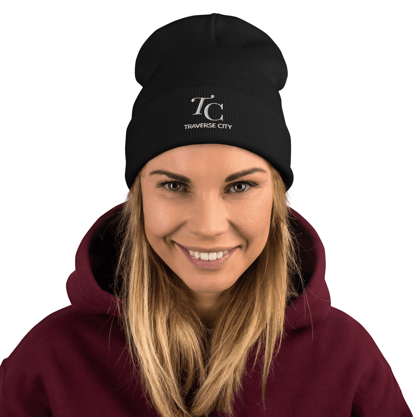 'TC Traverse City' Winter Beanie (Luxury Goods Parody) | White/Black Embroidery - Circumspice Michigan