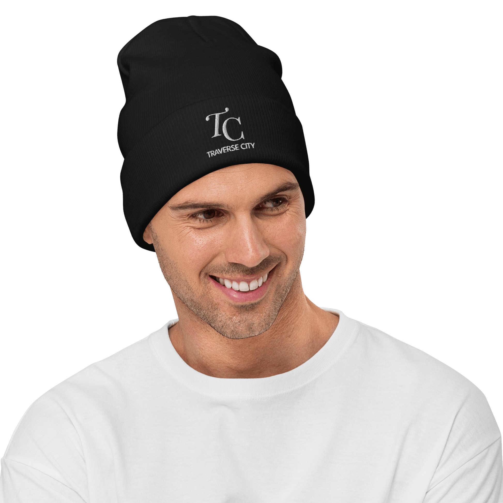 'TC Traverse City' Winter Beanie (Luxury Goods Parody) | White/Black Embroidery - Circumspice Michigan