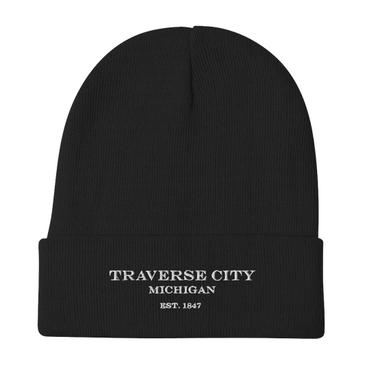 'Traverse City Michigan EST 1847' Winter Beanie | White/Black Embroidery - Circumspice Michigan