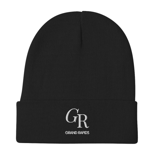 'GR Grand Rapids' Winter Beanie (Luxury Goods Parody) | White/Black Embroidery - Circumspice Michigan