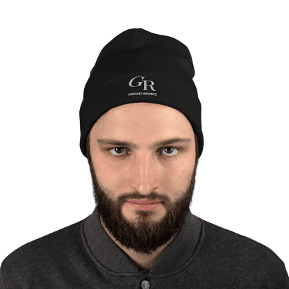 'GR Grand Rapids' Winter Beanie (Luxury Goods Parody) | White/Black Embroidery - Circumspice Michigan