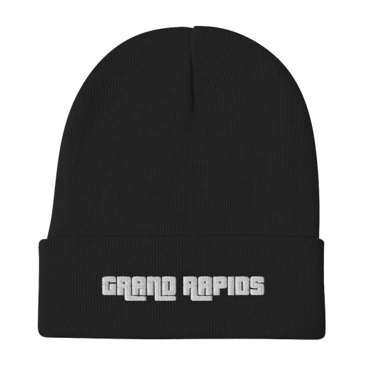 'Grand Rapids' Winter Beanie (1970s Font) | White/Black Embroidery - Circumspice Michigan
