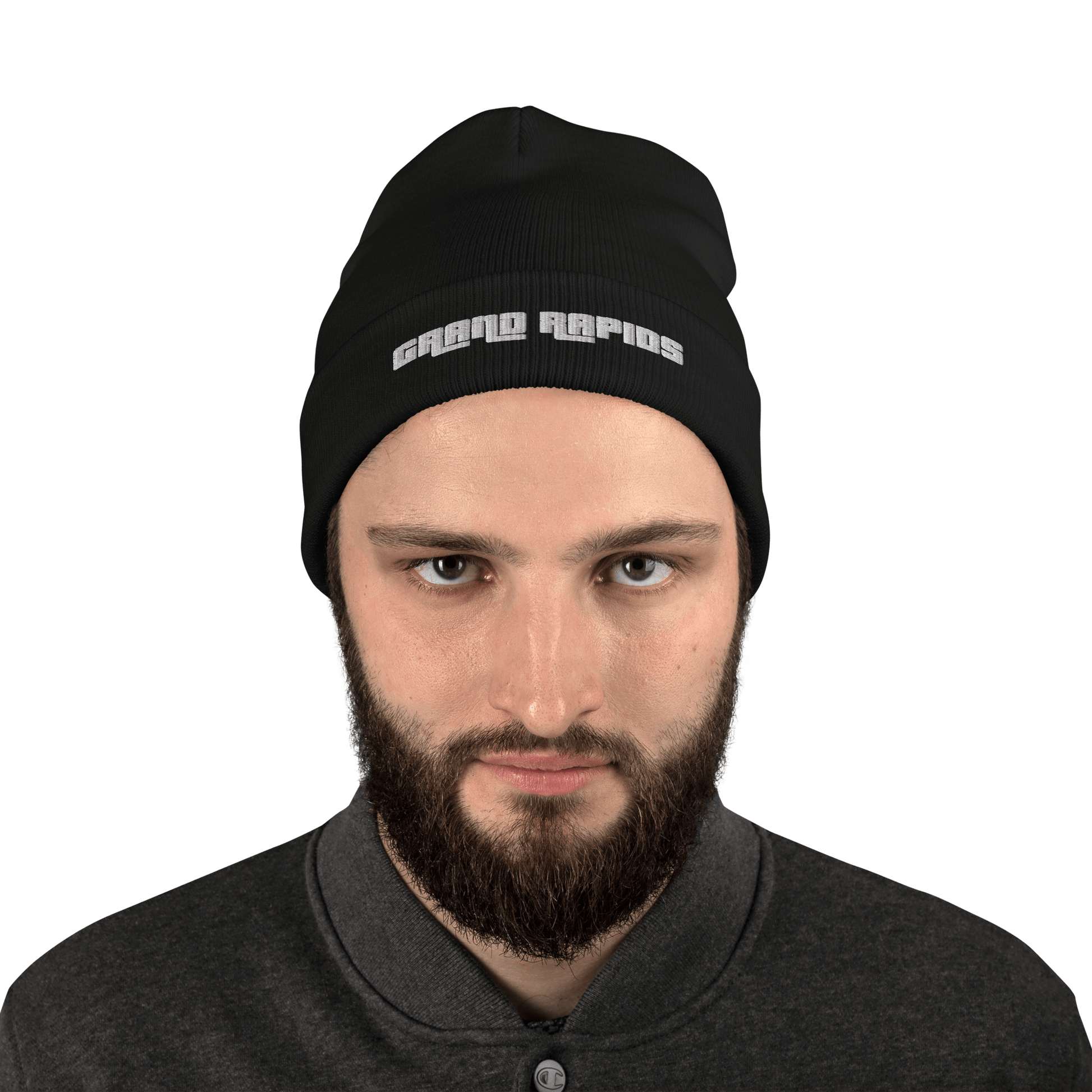 'Grand Rapids' Winter Beanie (1970s Font) | White/Black Embroidery - Circumspice Michigan