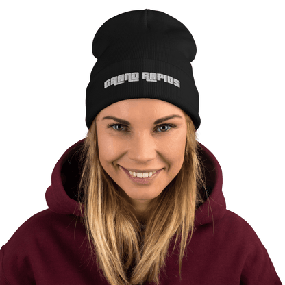 'Grand Rapids' Winter Beanie (1970s Font) | White/Black Embroidery - Circumspice Michigan