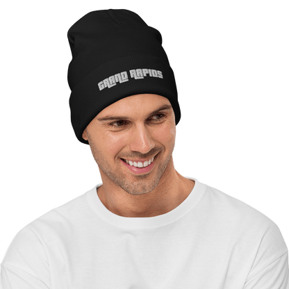 'Grand Rapids' Winter Beanie (1970s Font) | White/Black Embroidery - Circumspice Michigan