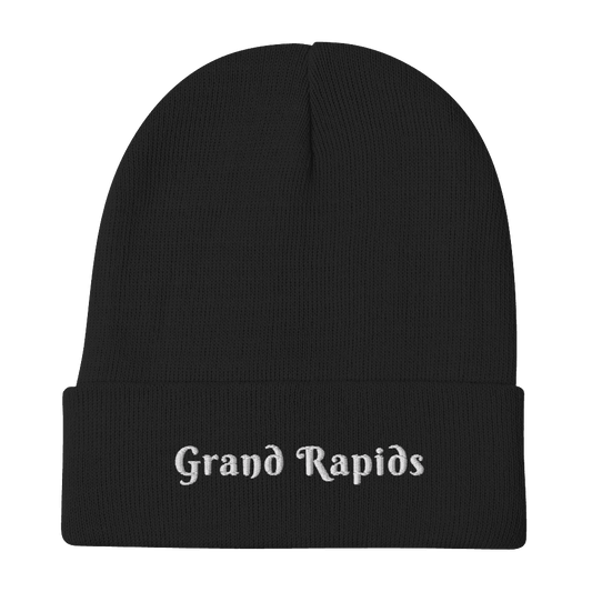 'Grand Rapids' Winter Beanie (Swash Font) | White/Navy Embroidery - Circumspice Michigan