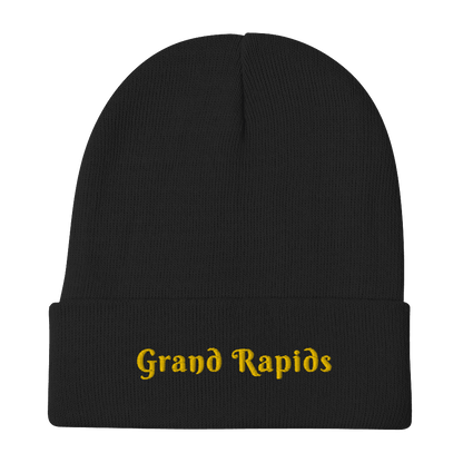 'Grand Rapids' Winter Beanie (Swash Font) | Gold Embroidery - Circumspice Michigan