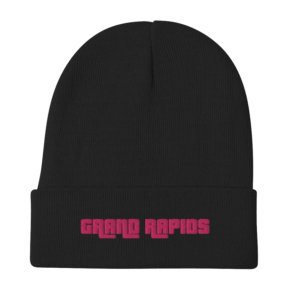 'Grand Rapids' Winter Beanie (1970s Font) | Pink Embroidery - Circumspice Michigan