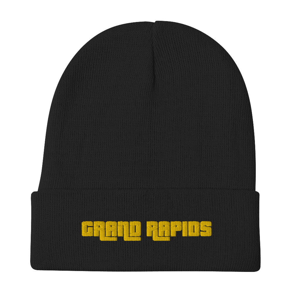 'Grand Rapids' Winter Beanie (1970s Font) | Gold Embroidery - Circumspice Michigan