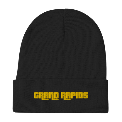 'Grand Rapids' Winter Beanie (1970s Font) | Gold Embroidery - Circumspice Michigan