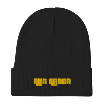 'Ann Arbor' Winter Beanie (1970s Font) | Gold Embroidery - Circumspice Michigan