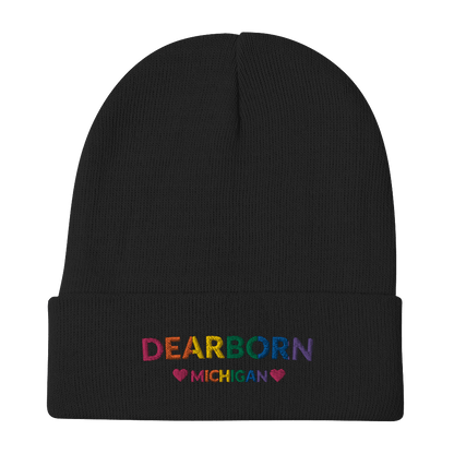 'Dearborn Michigan' Winter Beanie (LGBTQ Pride Colors w/Heart Outlines) - Circumspice Michigan