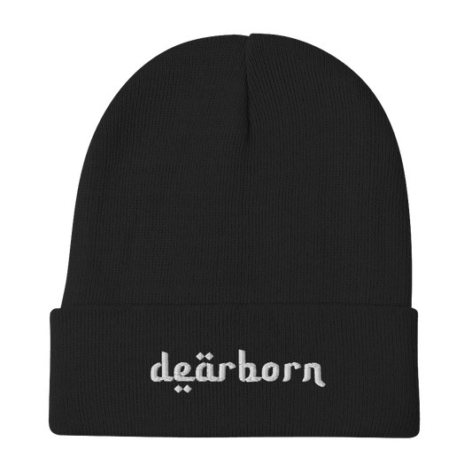 'Dearborn' Winter Beanie (Arabic-Style Font) | White Embroidery - Circumspice Michigan