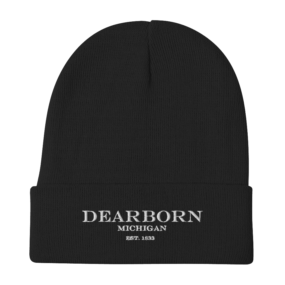 'Dearborn Michigan EST 1833' Winter Beanie | White/Black Embroidery - Circumspice Michigan