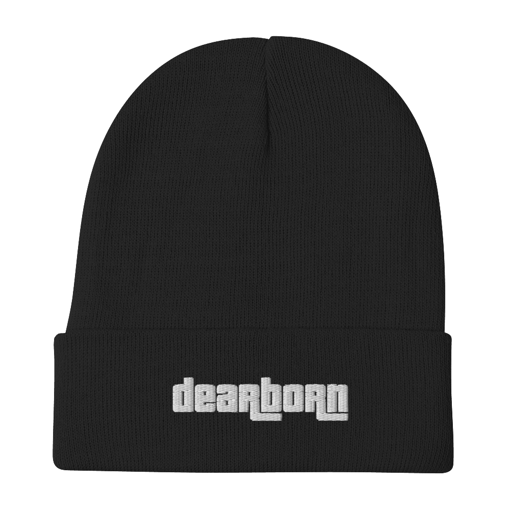 'Dearborn' Winter Beanie (1970's Font) | White/Black Embroidery - Circumspice Michigan