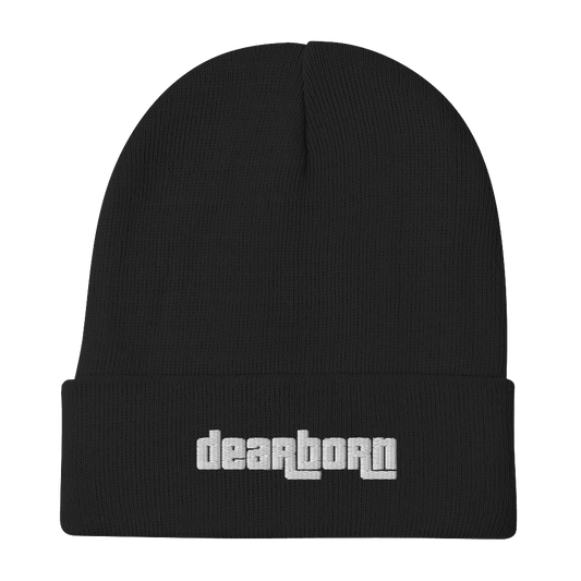 'Dearborn' Winter Beanie (1970's Font) | White/Black Embroidery - Circumspice Michigan