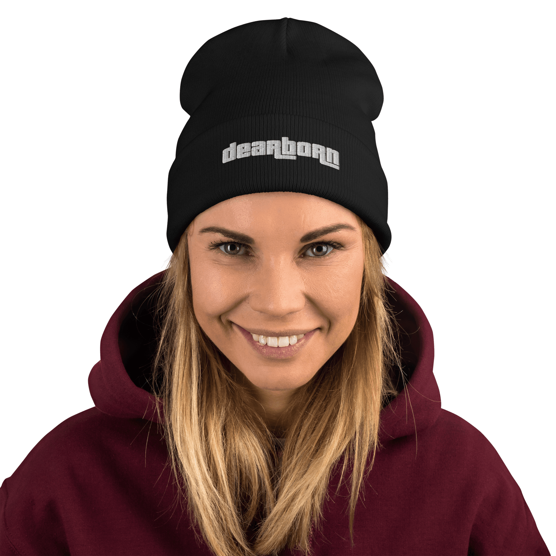 'Dearborn' Winter Beanie (1970's Font) | White/Black Embroidery - Circumspice Michigan