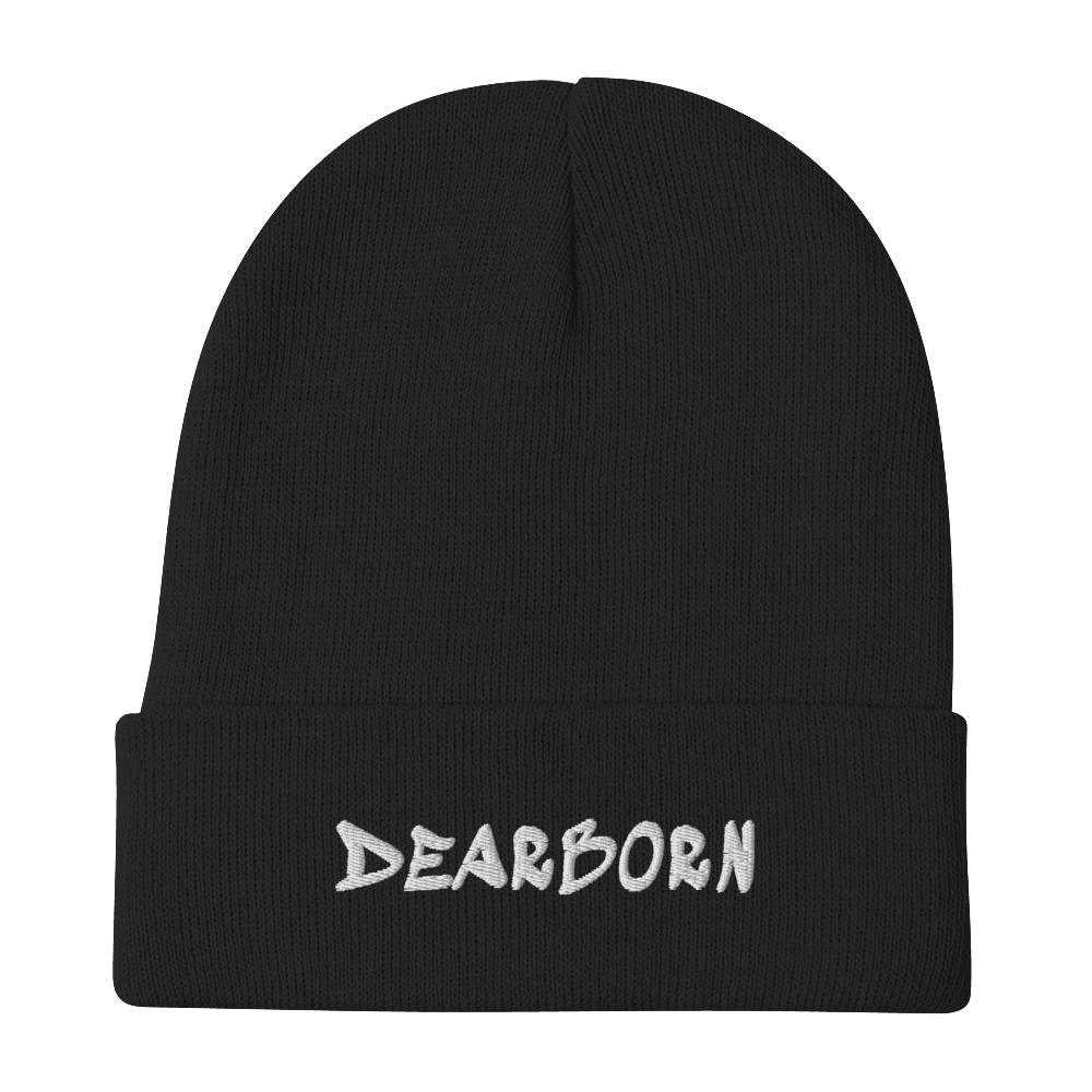 'Dearborn' Winter Beanie (1980's Hip Hop Font) | White/Black Embroidery - Circumspice Michigan