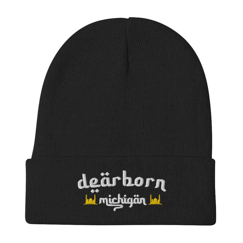 'Dearborn Michigan' Winter Beanie (Arabic-Font w/Mosque Outlines) | White/Black Embroidery - Circumspice Michigan