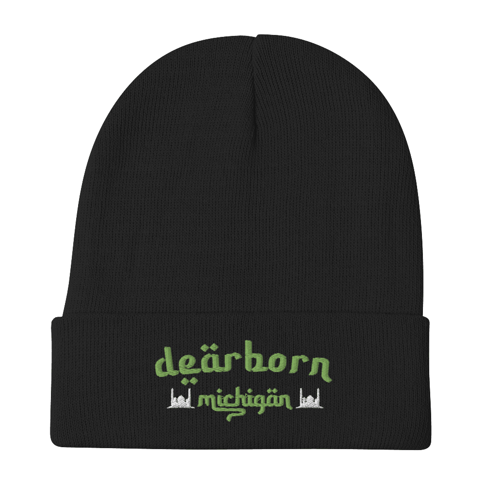 'Dearborn Michigan' Winter Beanie (Arabic Style Font w/Mosques Outlines) | Green Embroidery - Circumspice Michigan