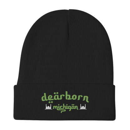 'Dearborn Michigan' Winter Beanie (Arabic Style Font w/Mosques Outlines) | Green Embroidery - Circumspice Michigan