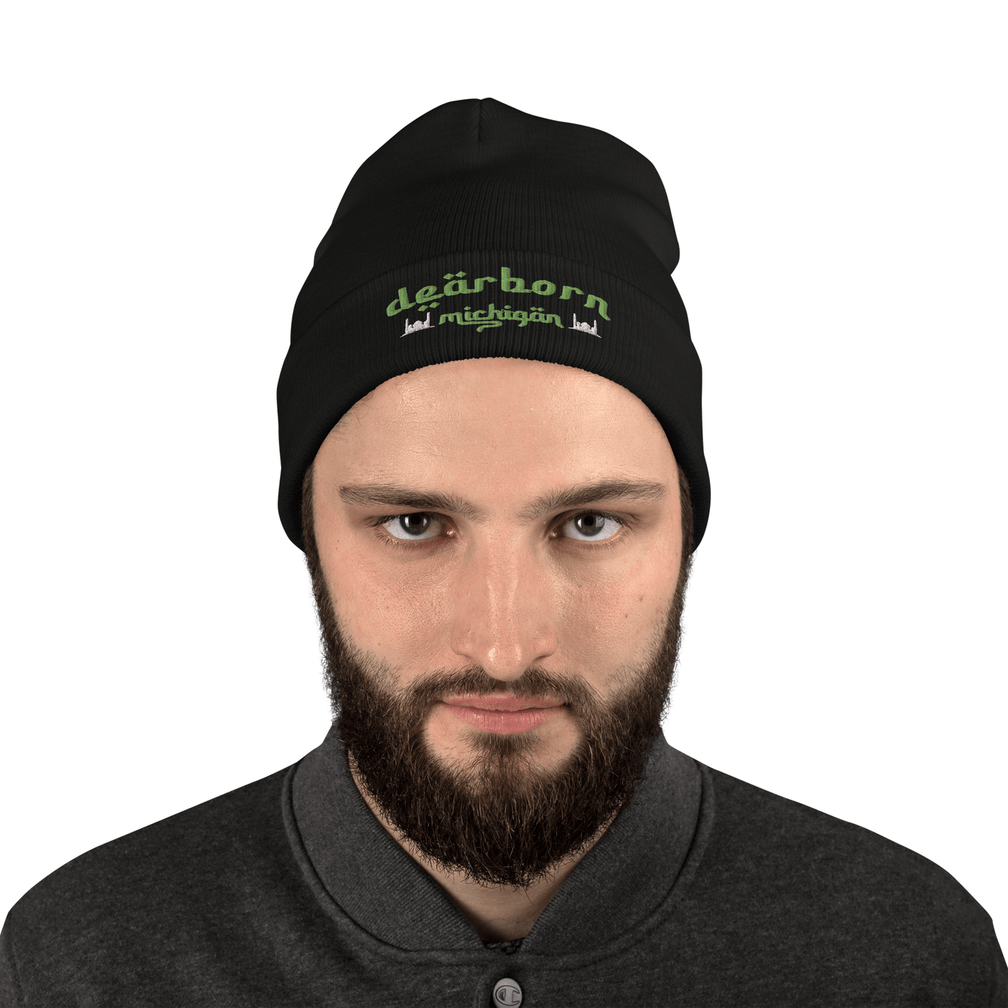 'Dearborn Michigan' Winter Beanie (Arabic Style Font w/Mosques Outlines) | Green Embroidery - Circumspice Michigan