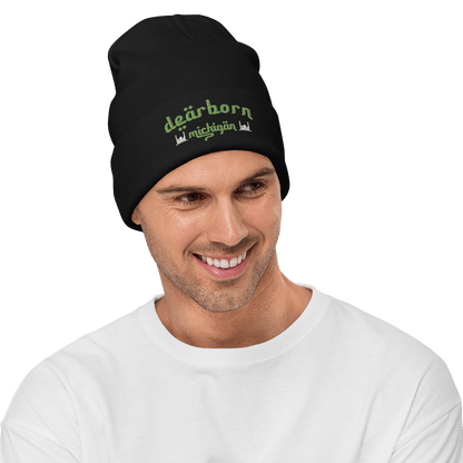 'Dearborn Michigan' Winter Beanie (Arabic Style Font w/Mosques Outlines) | Green Embroidery - Circumspice Michigan