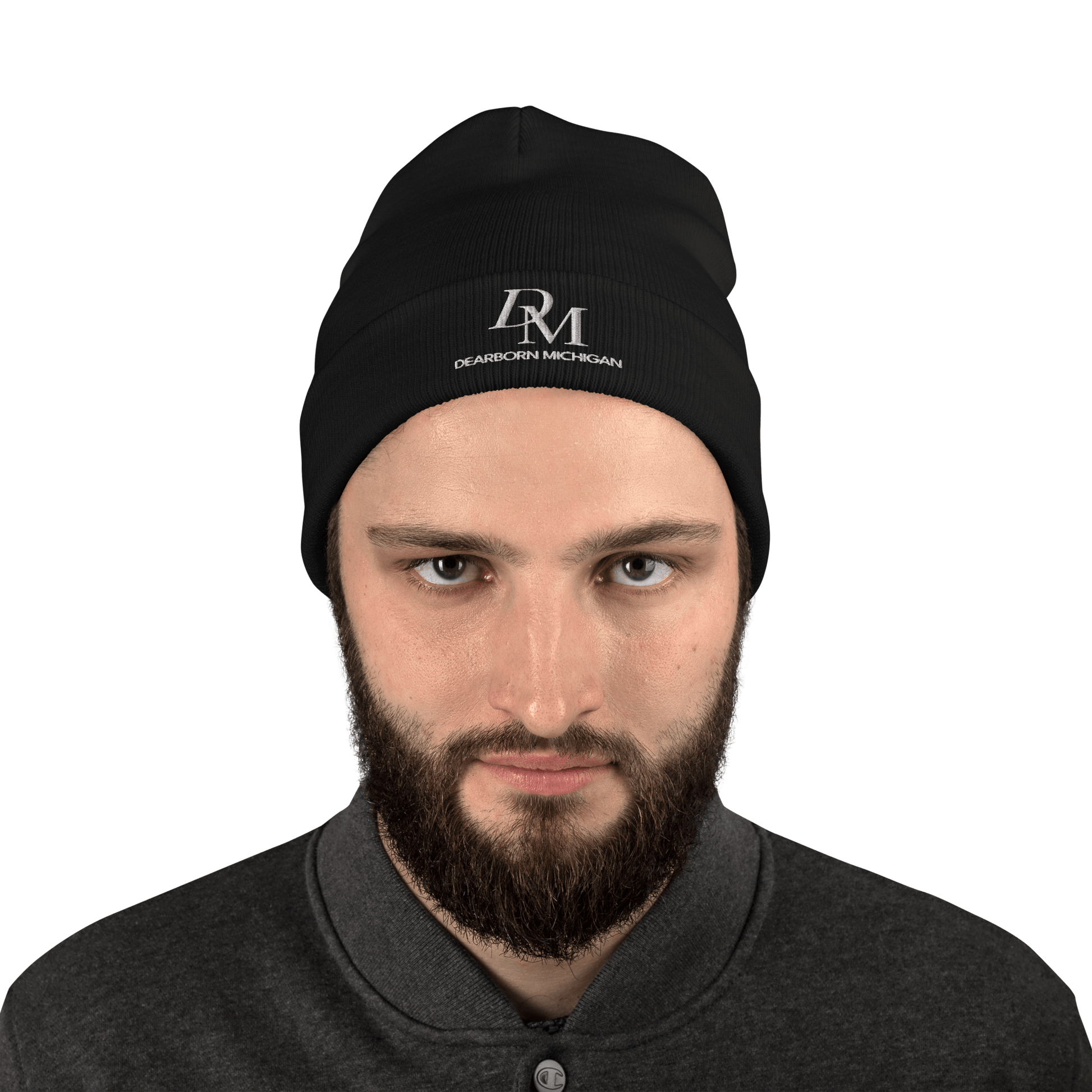 'DM Detroit Michigan' Winter Beanie (Luxury Goods Parody) | White/Black Embroidery - Circumspice Michigan