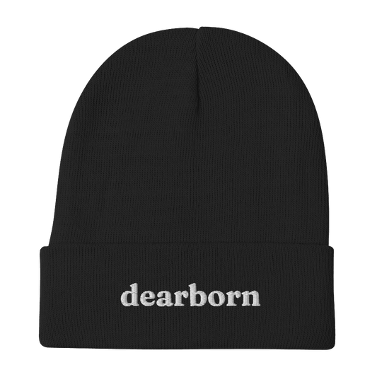 'Dearborn' Winter Beanie (Old-Style Serif Font) | White/Navy Embroidery - Circumspice Michigan