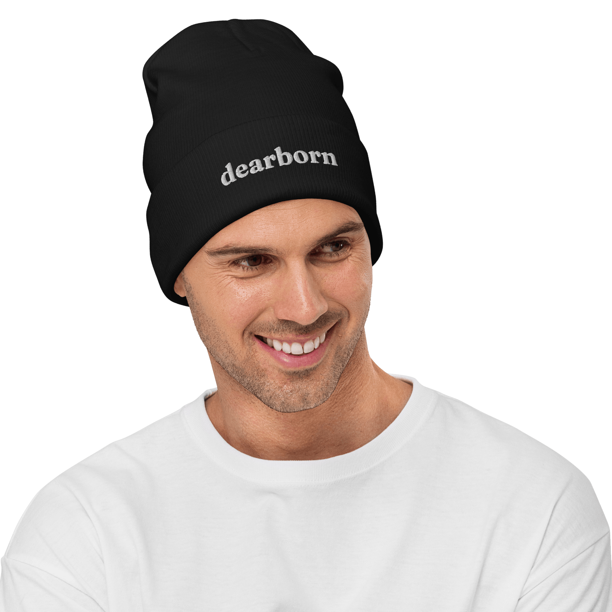 'Dearborn' Winter Beanie (Old-Style Serif Font) | White/Navy Embroidery - Circumspice Michigan