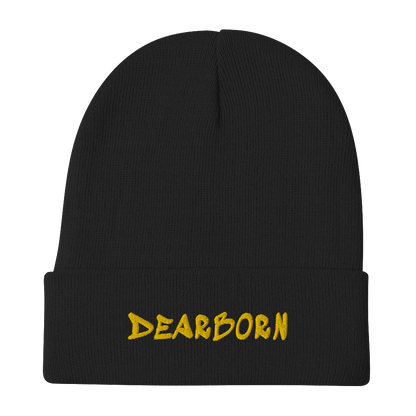 'Dearborn' Winter Beanie (1980's Hip Hop Font) | Gold Embroidery - Circumspice Michigan