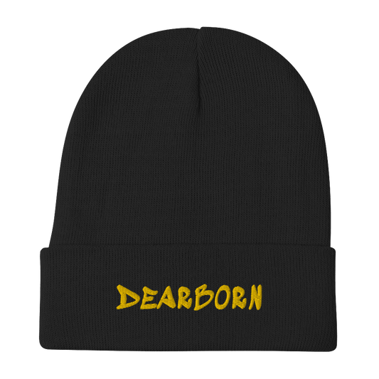 'Dearborn' Winter Beanie (1980's Hip Hop Font) | Gold Embroidery - Circumspice Michigan